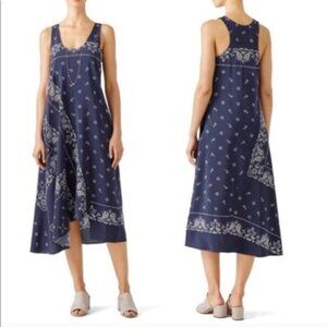 Theory Silk Navy Apalania Bandana Print Asymmetric Hem Sleeveless Tank Dress XS